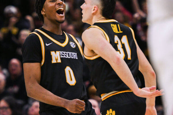 Missouri guards Anthony Robinson II and Caleb Grill celebrate beating Arkansas during the second half of a game on Saturday, January 18th, 2025.